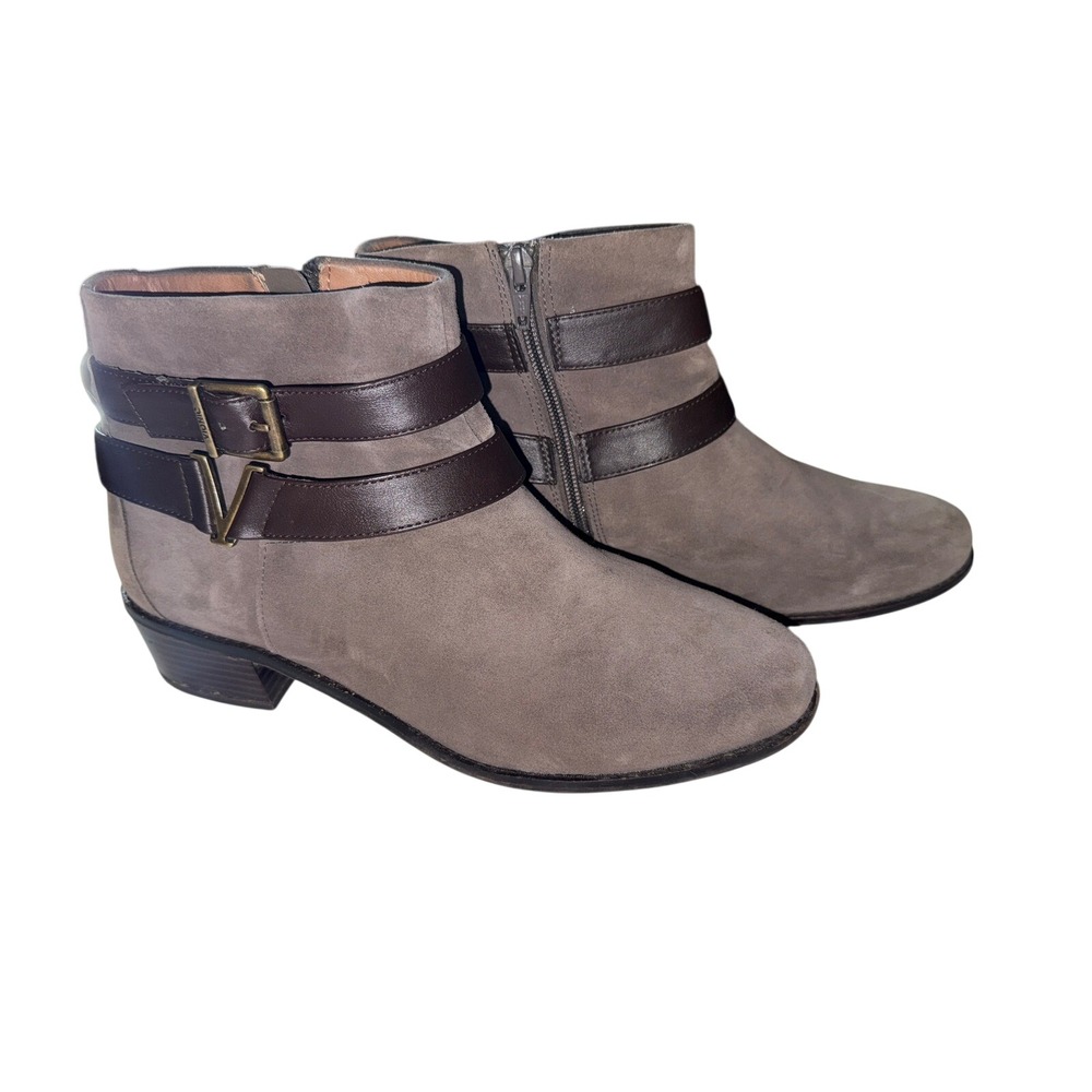Vionic Suede Mana Ankle Boots Brown Buckle Strap Low Heel Booties Women's Shoes
